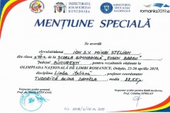 Diplome obținute de elevii de la Școala Gimnazială Eugen Barbu - 2019